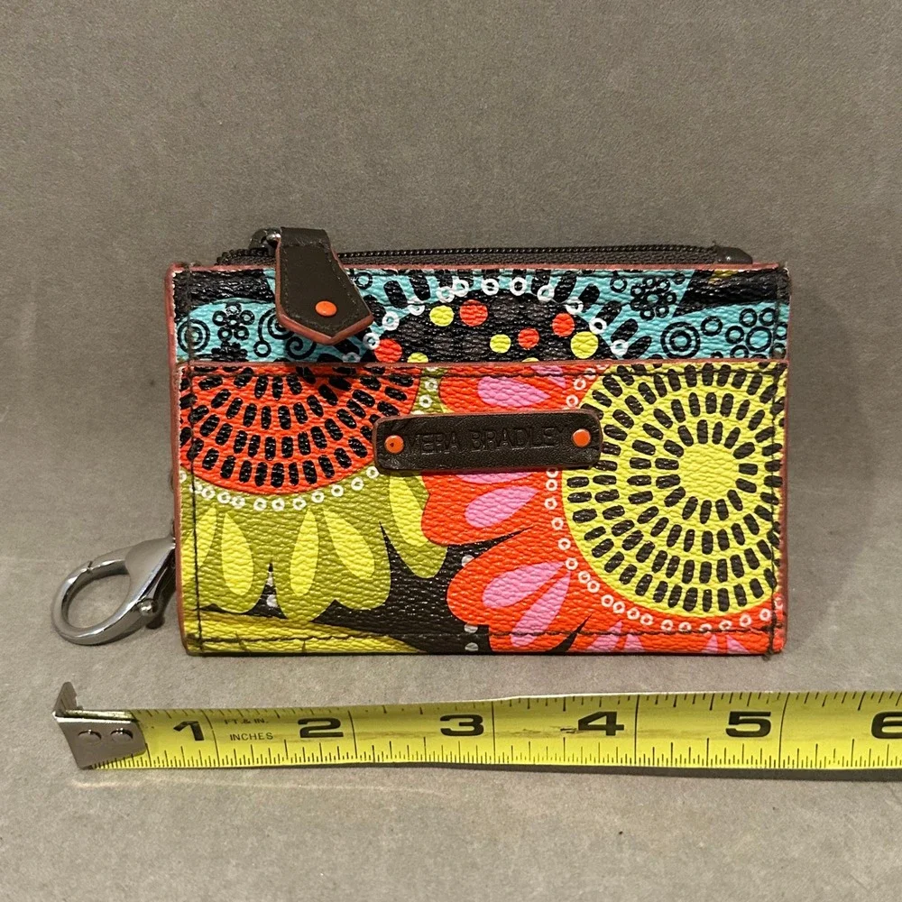 Vera‎ Bradley Floral Zip Card Case Wallet Keychain Multicolor Faux Leather